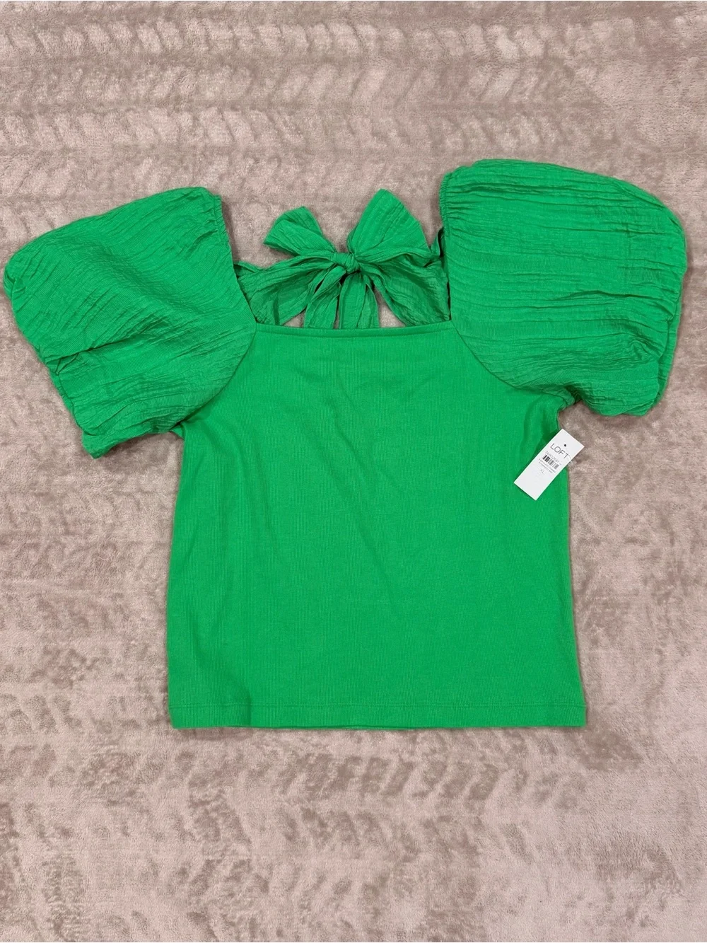 LOFT Green Puff Short Sleeve Tie Back Square Neck Top Blouse NWT Size XL